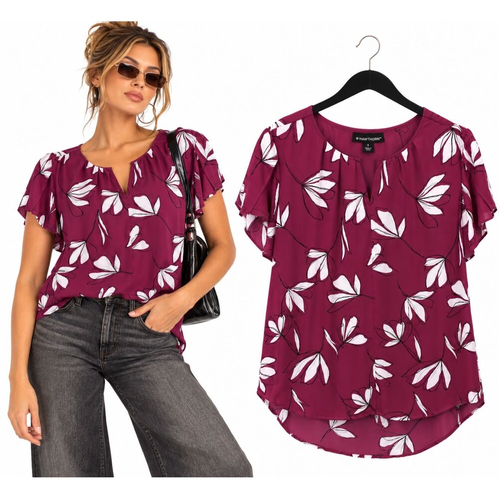 41 Hawthorn Floral Blouse Size XL Burgundy White Flower Tulip Sleeve